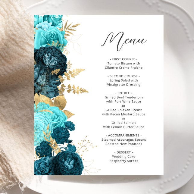 Budget Teal Aqua Gold Floral Script Wedding Menu (Criador carregado)