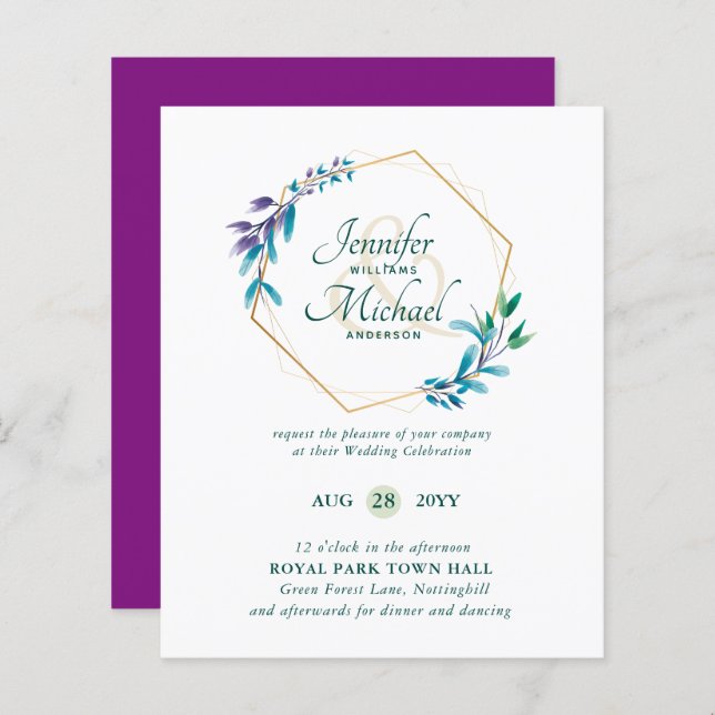 BUDGET Teal Purple Dourado Wreath Convites (Frente/Verso)