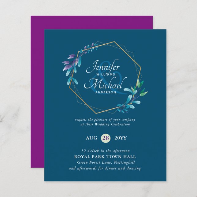 BUDGET Teal Purple Dourado Wreath Convites (Frente/Verso)
