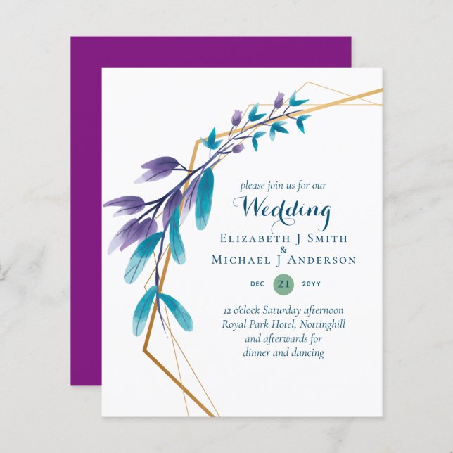 BUDGET Teal Purple Dourado Wreath Convites (Frente/Verso)