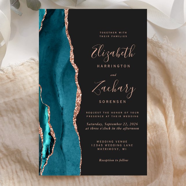 Budget Teal Rose Gold Agate Dark Wedding Invite (Criador carregado)