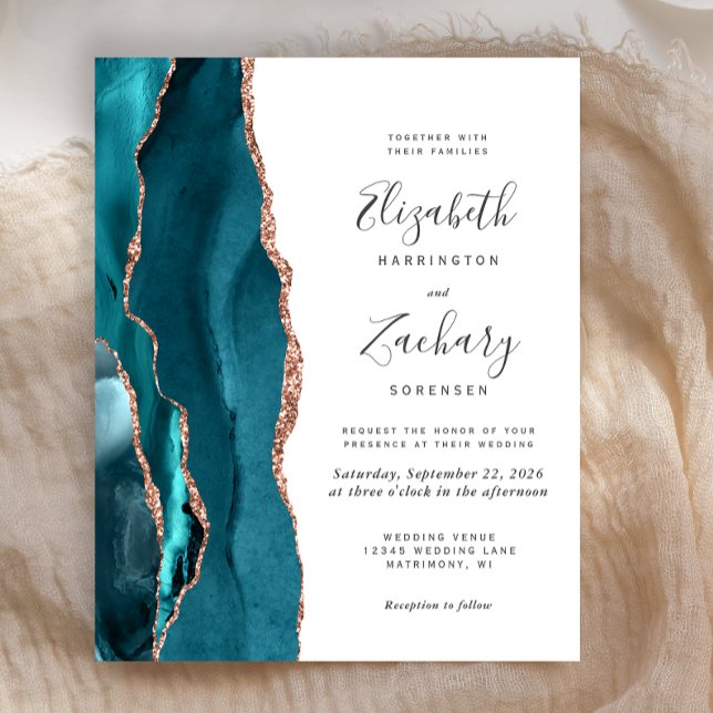 Budget Teal Rose Gold Agate Wedding Invitation (Criador carregado)