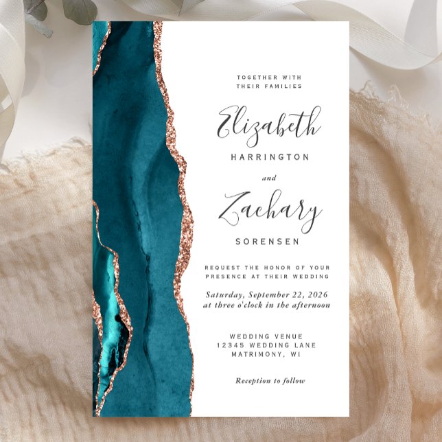 Budget Teal Rose Gold Agate Wedding Invitation (Criador carregado)