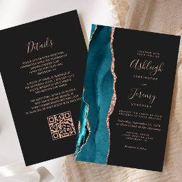 Budget Teal Rose Gold Dark QR Code Wedding Invite
