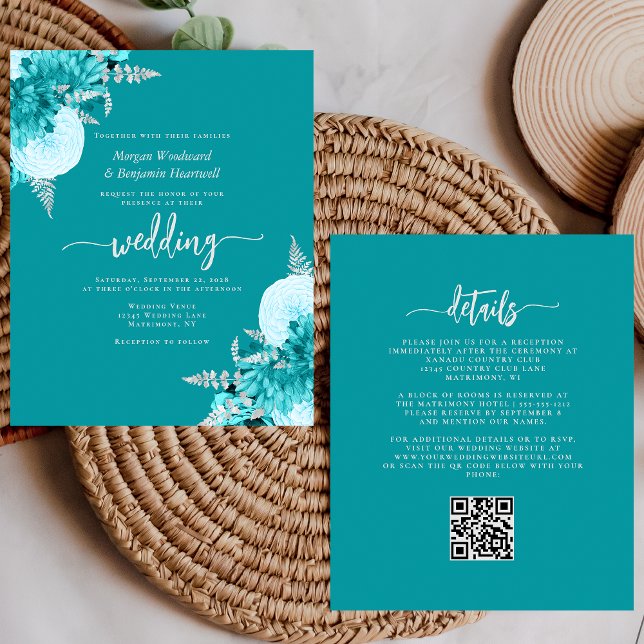 Budget Turquoise Silver Floral QR Code Wedding (Criador carregado)