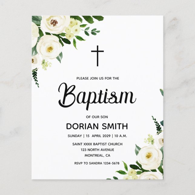 Budget White Floral Boy Baptism invitation (Frente)