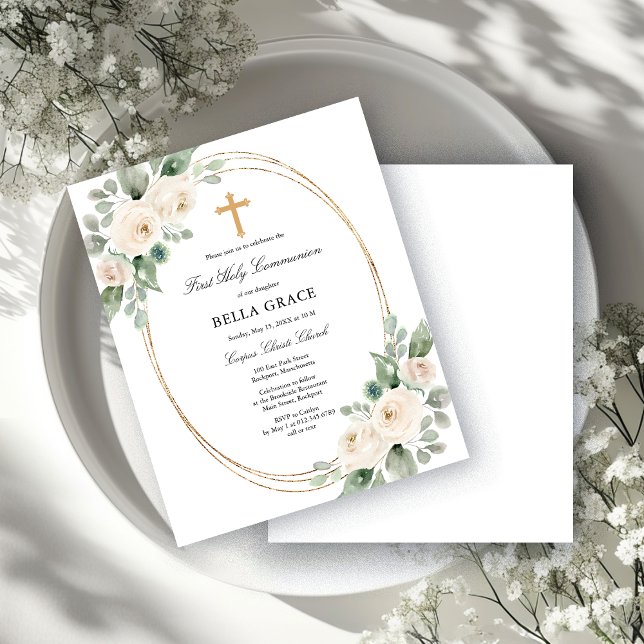 Budget White Floral First Communion Invitation (Criador carregado)