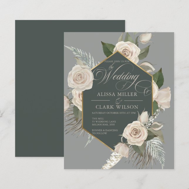 BUDGET White Rose, Dourado Convite para Casamento  (Frente/Verso)