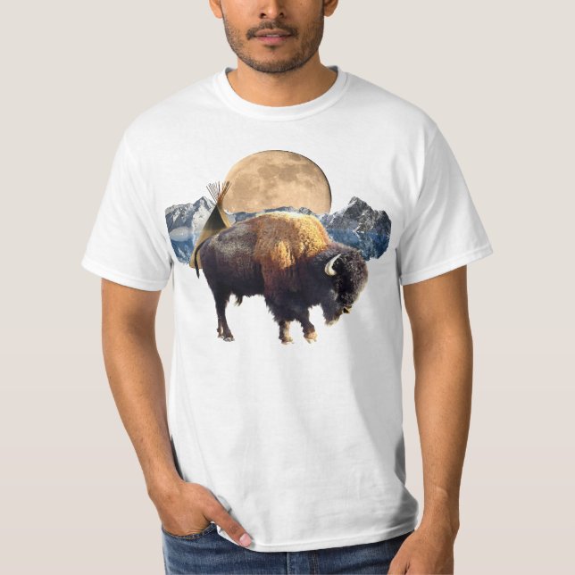 Buffalo, Lua e TeePee - Camiseta de Arte da Vida S (Frente)