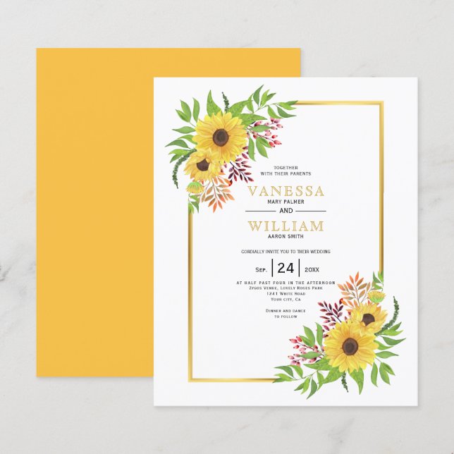 BUGGET Watercolor sunflower convite para o casamen (Frente/Verso)