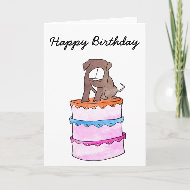 Buldogue com cartão de aniversário de bolo (Frente)