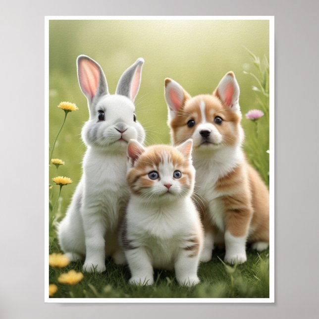 Bunny Kitten Puppy Meadow Wall Decor Poster (Frente)
