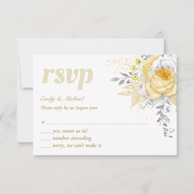Buquê branco de Rosas Dourados de RSVP com menu (Frente)