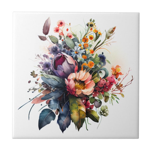 Buquê de Flores de Verão Azulejo cerâmico de Aquar (Frente)