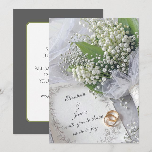 Buquê de Lírio-do-Vale no Convite de Casamento (Frente/Verso)