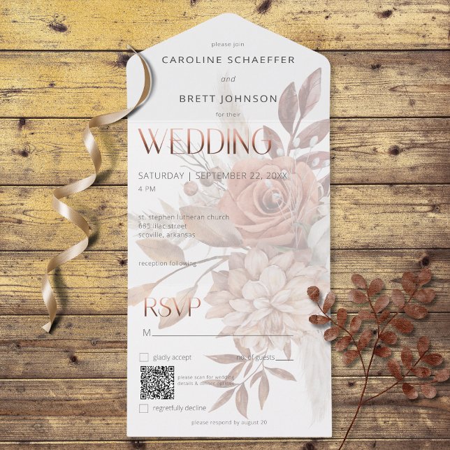 Buquê de Outono Boho Neutro com Efeito Suave QR Co (Also available without a QR code; with or without dinner selection options.)