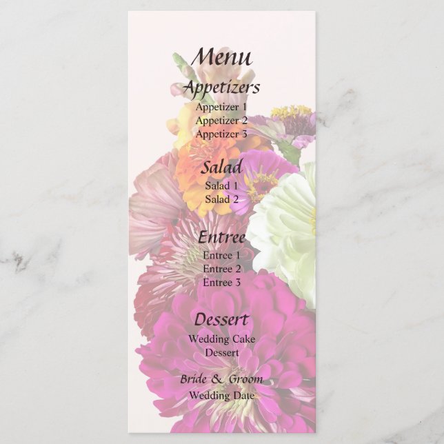 Buquê de Zínias Cores Sortidas Menu de Casamento (Frente)