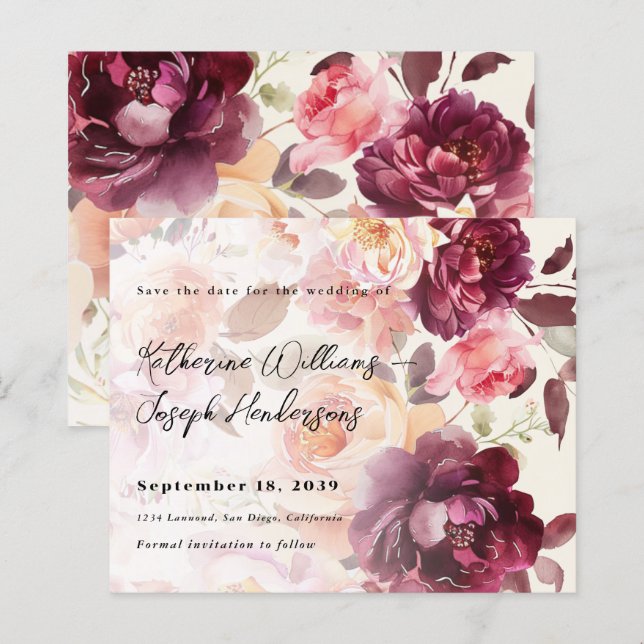 Buquê Floral Burgundy Casamento Salve a Data (Frente/Verso)