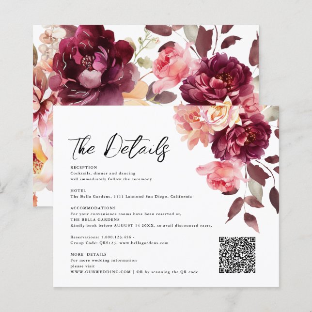 Buquê Floral Burgundy Código QR Detalhes Casamento (Frente/Verso)