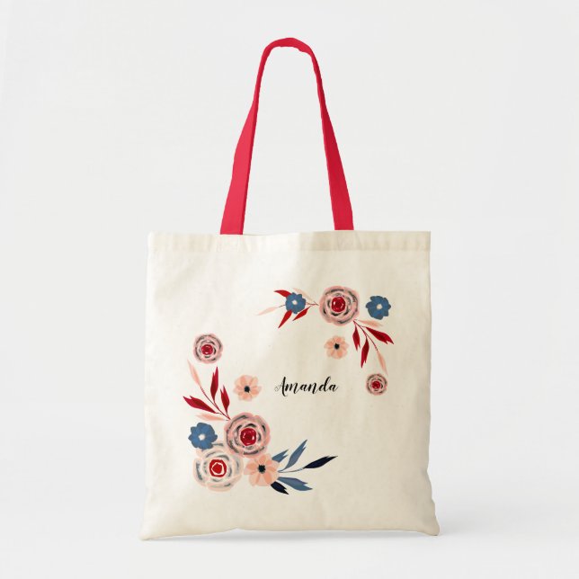 Buquê floral em aquarela, bolsa tote personalizada (Frente)