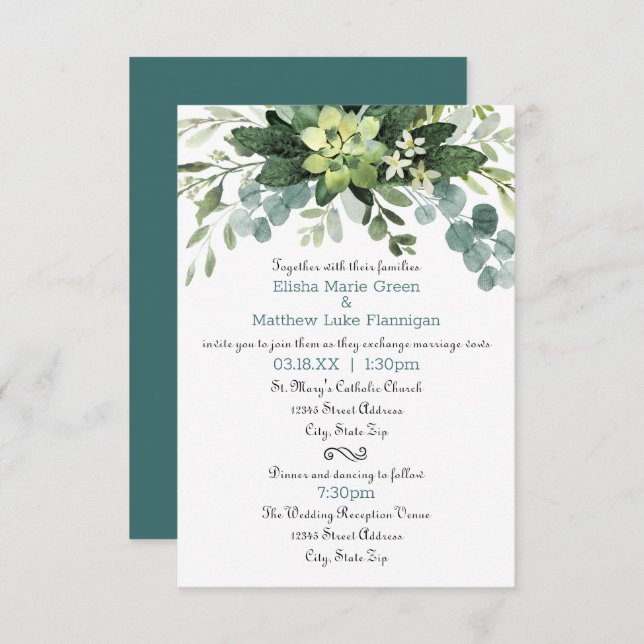 Buquê Teal - 3x5 Convite para Casamento/Recepção (Frente/Verso)