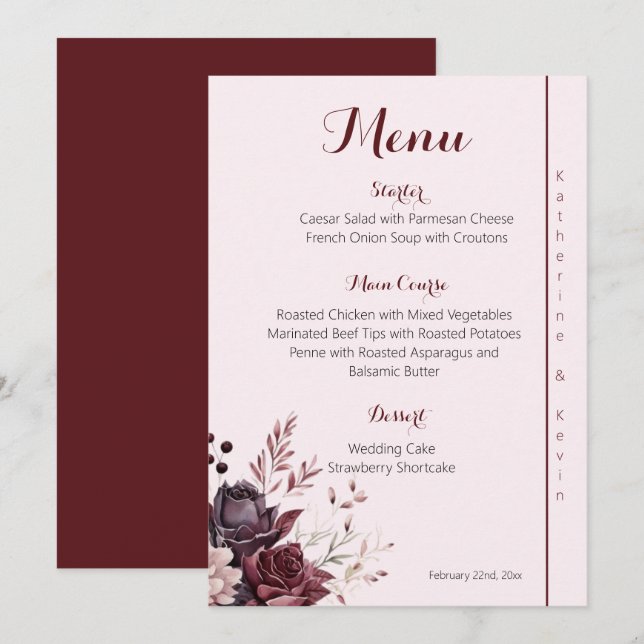 Burgandy Dusty Rosa Floral Weding Menu (Frente/Verso)