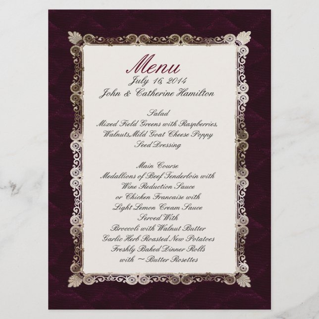 Burgandy Velvet - Menu de Casamento Personalizado (Frente)
