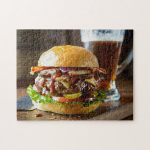 Burger e quebra-cabeça de cerveja