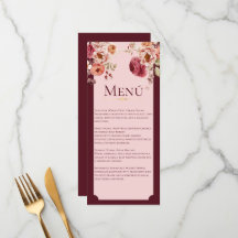 Burgundy and Blush Pink Floral Wedding Menu Card