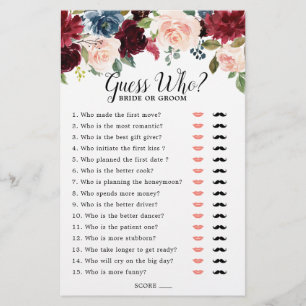 Burgundy Azul Rosa Casamento Jantar Jogo Adivinhe 