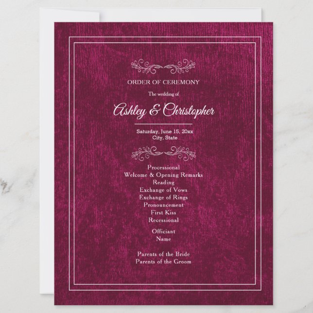 Burgundy Berry Velvet White Wedding Program (Frente)