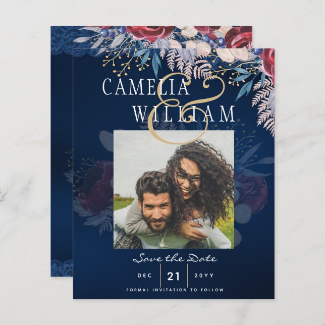 Burgundy Blue Floral Lace Nave SAVE DATA (Frente/Verso)