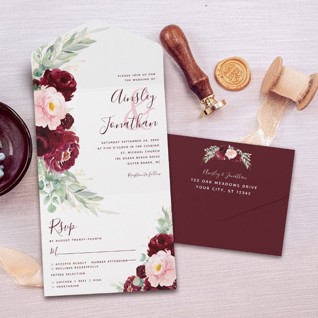 Burgundy Blush Floral Moderno Casamento (Criador carregado)