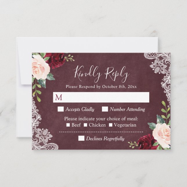Burgundy Blush Floral Paisley Lace Casamento RSVP (Frente)