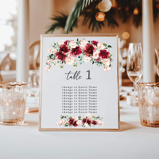 Burgundy Blush Floral Wedding Table Seating Chart (Criador carregado)