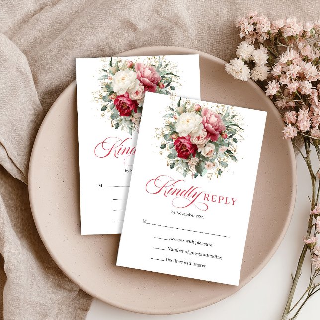 Burgundy Blush Gold Casamento RSVP Estilo Boho (Burgundy Blush Gold Wedding RSVP Boho Style)