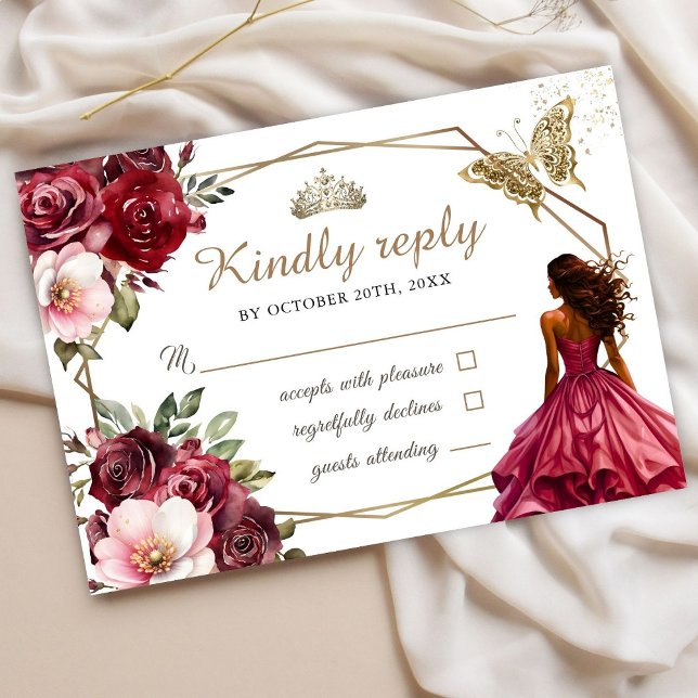 Burgundy Blush Pink Floral Princess Sweet 16 Rsvp (Criador carregado)