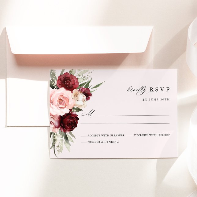 Burgundy Blush Pink Floral Wedding RSVP Card (Burgundy blush pink floral rsvp card elegant wedding stationery rose response card)