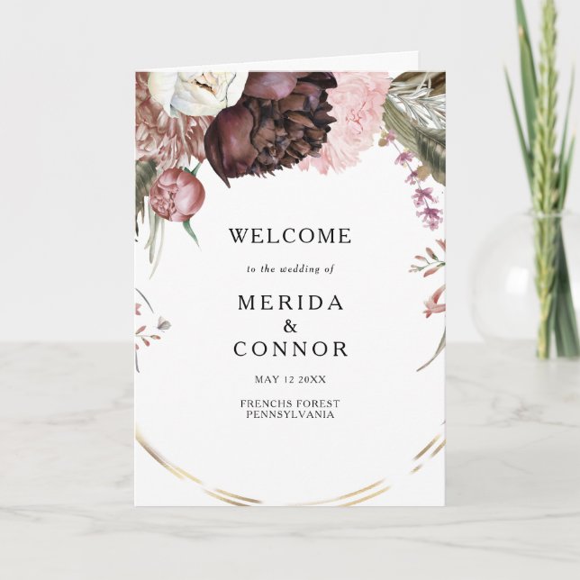 Burgundy Boho Floral - Programa de Casamento Dobra (Frente)