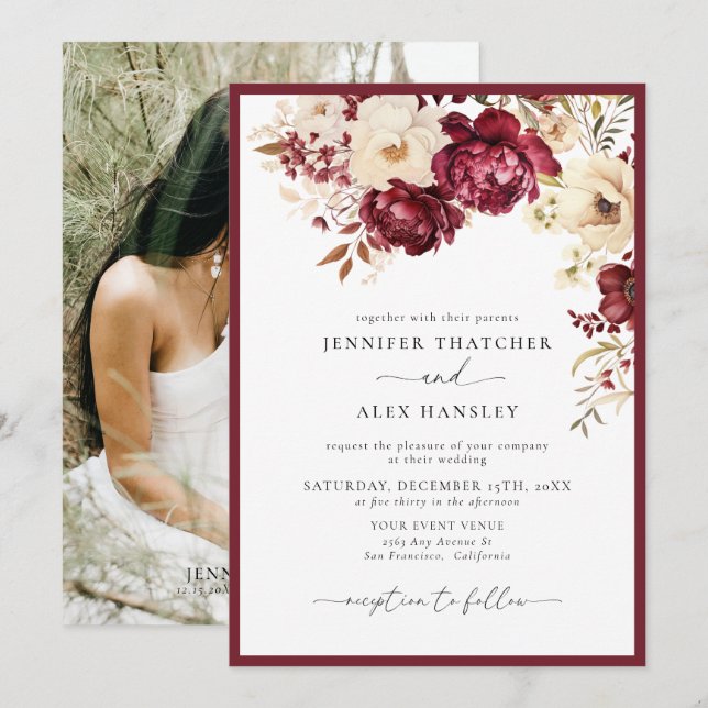 Burgundy Botanical | Convite de casamento de Fotog (Frente/Verso)