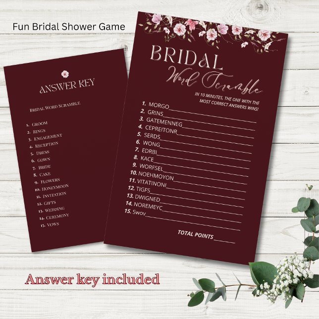 Burgundy Bridal Word Scramble Game With Answer Key (Criador carregado)