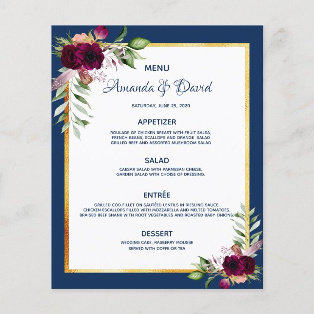 Burgundy de flores azuis de marinho de casamento (Frente)