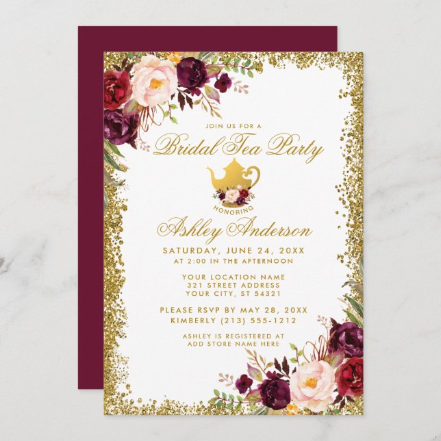 Burgundy Dourada Glitter Bridal Tea Party Convite  (Frente/Verso)