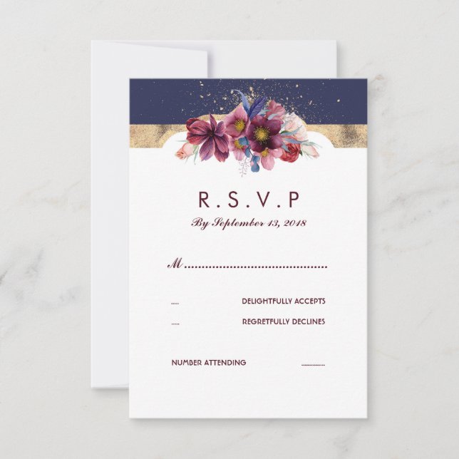 Burgundy Dourado e Marsala Weding RSVP Floral (Frente)