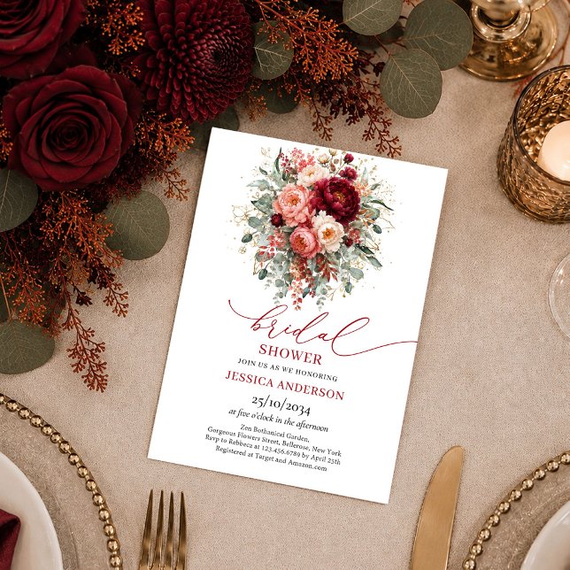 Burgundy Dourado Moderno Floral convite de chá de  (Modern Burgundy Gold Floral autumn bridal shower invitation

)