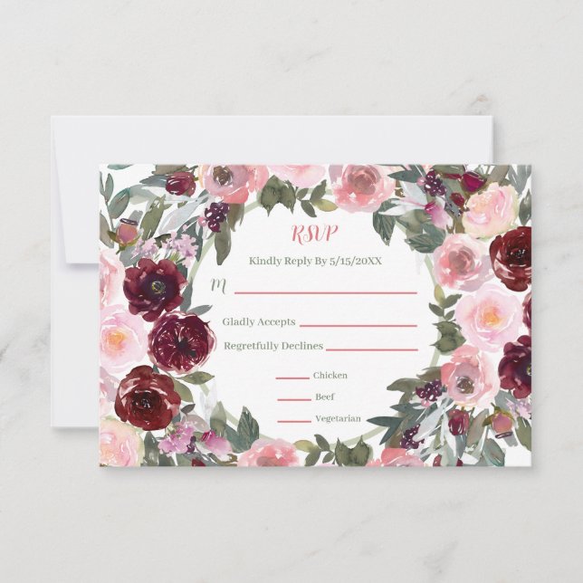 Burgundy Dusty Pink Rose Watercolor Casamento RSVP (Frente)