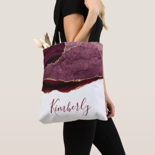 burgundy e gold agate nome personalizado tote bag