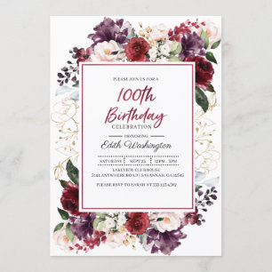 Burgundy Floral 100º Convite de Aniversário