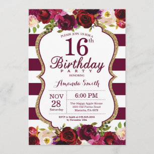 Burgundy Floral 16º Convite de aniversário