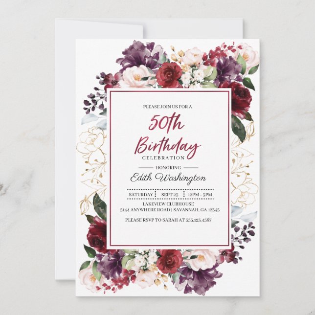 Burgundy Floral 50º Convite de Aniversário (Frente)